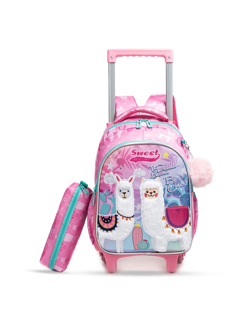 Eazy Kids 16 Inch Set Of 3 Trolley School Bag With Lunch Bag And Pencil Case Lama - Pink  - Image 2