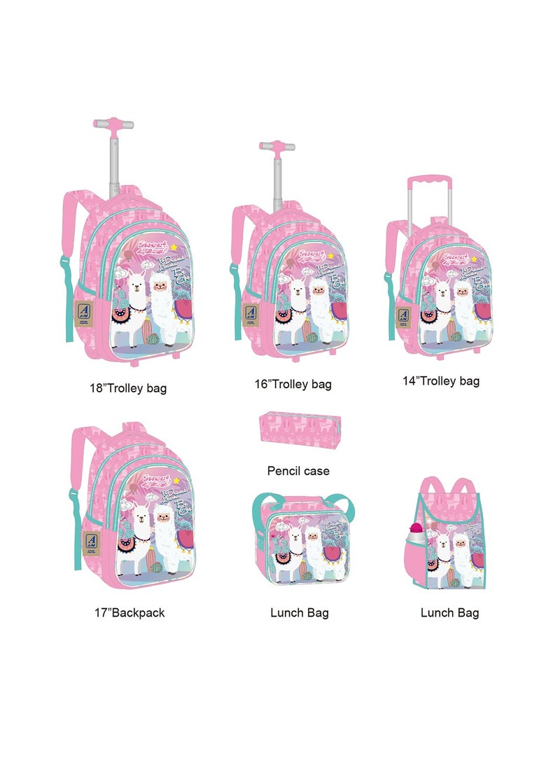 Eazy Kids 16 Inch Set Of 3 Trolley School Bag With Lunch Bag And Pencil Case Lama - Pink  - Image 4