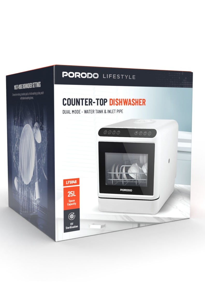 Counter-Top Dishwasher 25L with UV Sterilization /Dual Mode / Water Tank & Inlet Pipe / Compact Size / High Energy Efficient - White