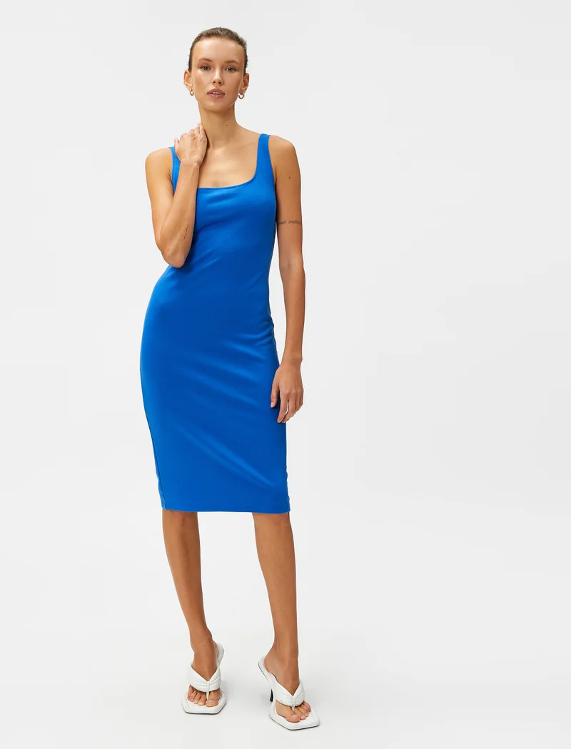 KOTON U Neck Strappy Slitted Midi Slip Dress