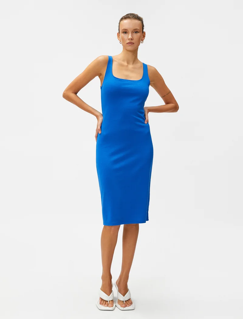 KOTON U Neck Strappy Slitted Midi Slip Dress