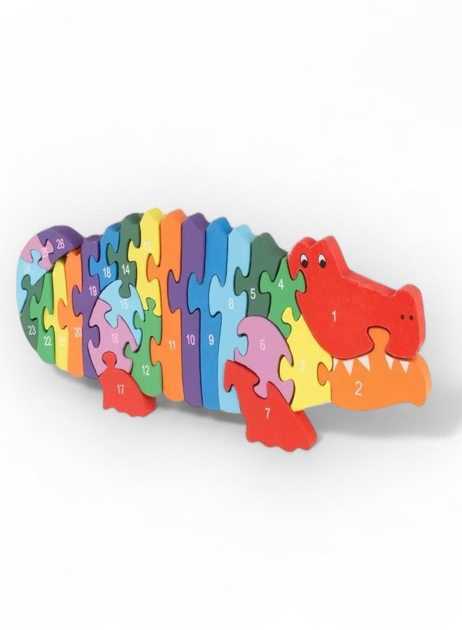 Smoneo Handcrafted 3D Animal Shaped Wooden Jigsaw Puzzle; Alphabet and Number Learning Multicolour Blocks for Kids (Crocodile) - Image 1