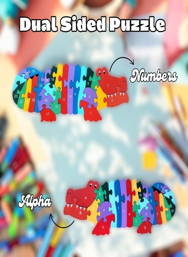 Smoneo Handcrafted 3D Animal Shaped Wooden Jigsaw Puzzle; Alphabet and Number Learning Multicolour Blocks for Kids (Crocodile) - Image 4
