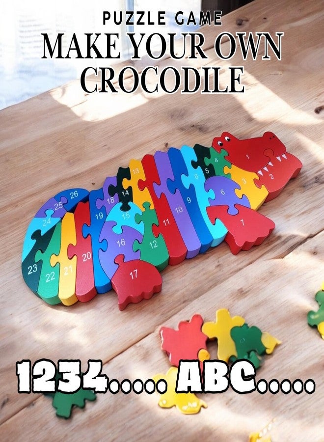 Smoneo Handcrafted 3D Animal Shaped Wooden Jigsaw Puzzle; Alphabet and Number Learning Multicolour Blocks for Kids (Crocodile) - Image 2