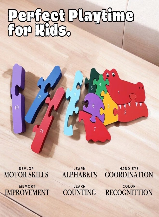 Smoneo Handcrafted 3D Animal Shaped Wooden Jigsaw Puzzle; Alphabet and Number Learning Multicolour Blocks for Kids (Crocodile) - Image 3