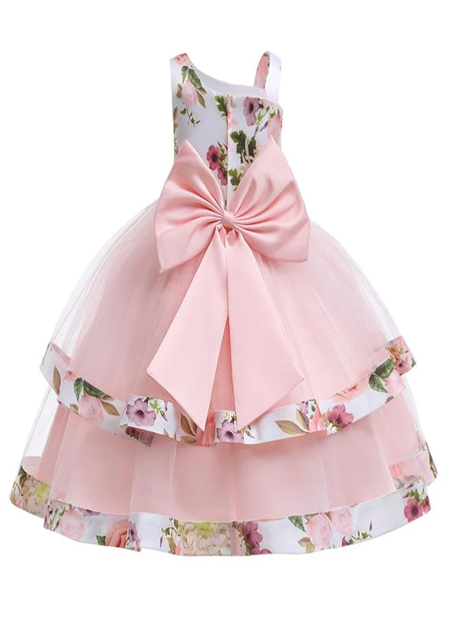 babyqlo One shoulder plated dress with sequin and lace  and bow details - Pink