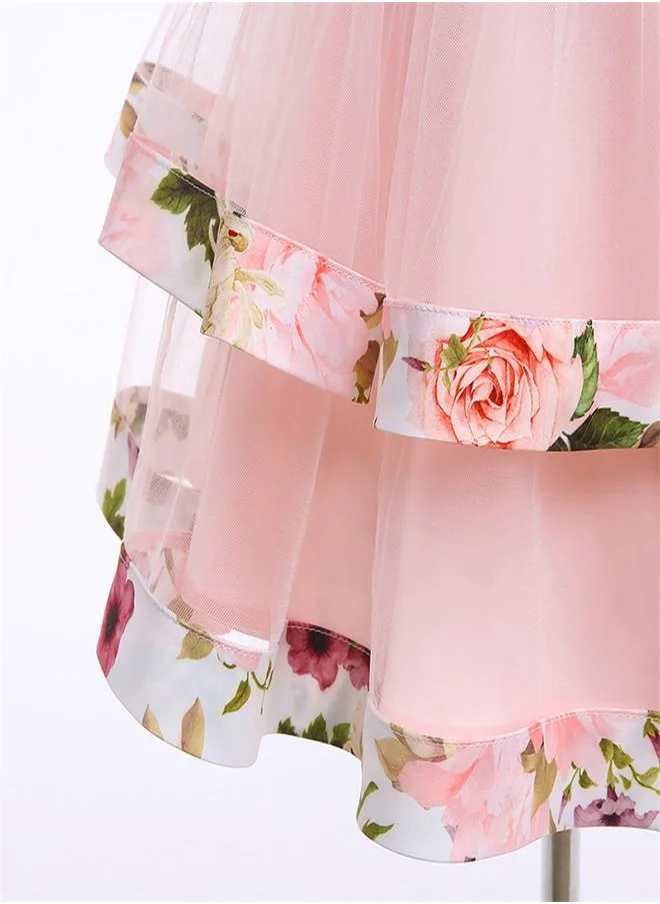 babyqlo One shoulder plated dress with sequin and lace  and bow details - Pink