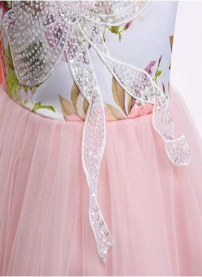babyqlo One shoulder plated dress with sequin and lace  and bow details - Pink