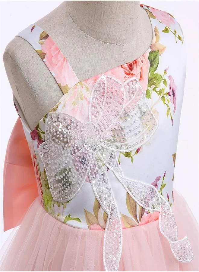 babyqlo One shoulder plated dress with sequin and lace  and bow details - Pink