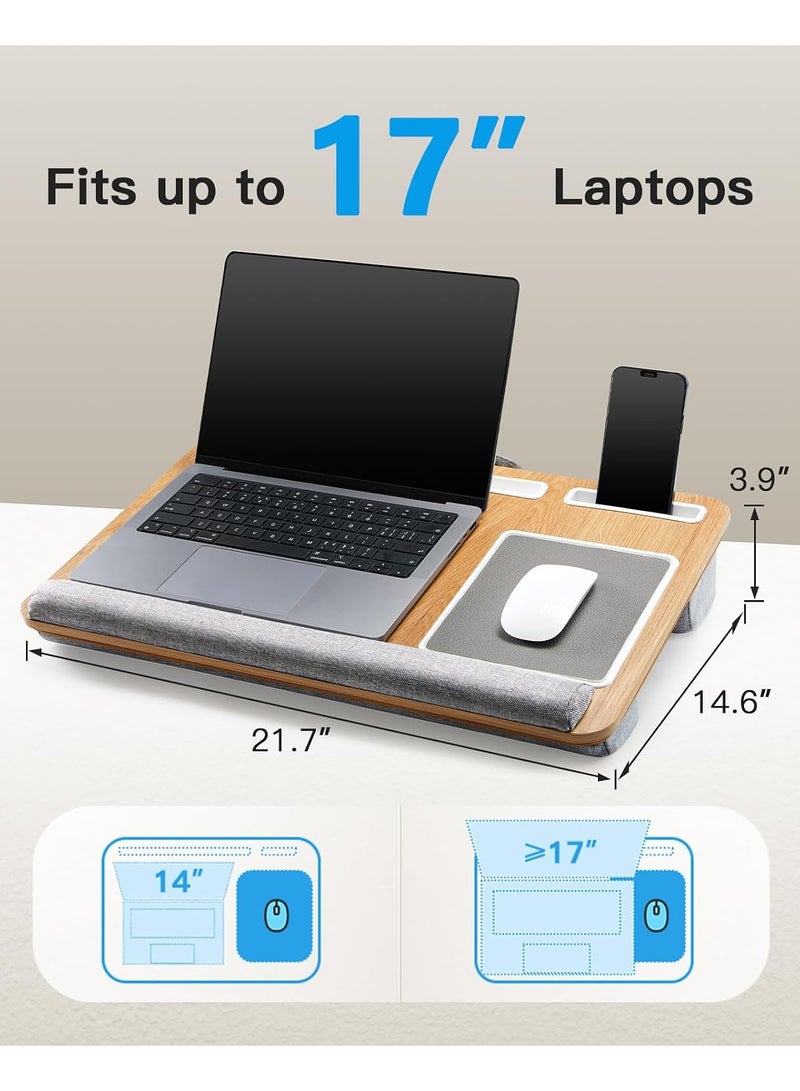 Lap Desk for Up to 17-Inch Laptop, Portable Laptop Desk with Built-In Mouse Pad & Wrist Rest, Laptop Stand with Tablet, Phone & Pen Holders, Wooden Bed Tray for Notebook & MacBook - Image 3