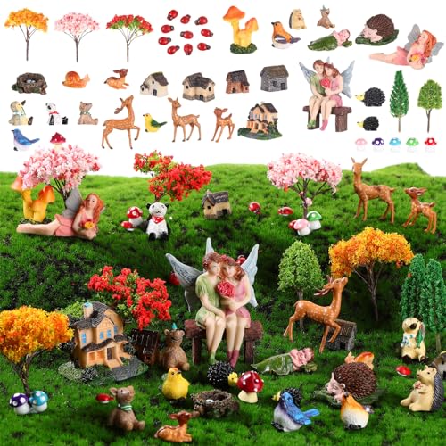 Canlierr 58 Pieces Miniature Garden Set, Fairy House Diorama Accessories Couple Statue Mini Figurines Micro Landscape Ornaments Mixed Model Trees for DIY Garden Decor Succulent Dollhouse Craft - Image 1