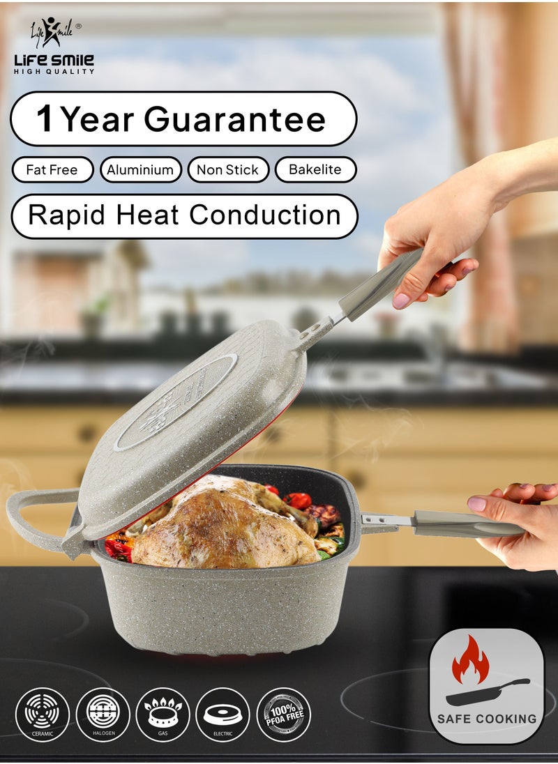 Life Smile - 30 CM Smart Deep Double Grill Pan - Multi Layer Granite Non Stick With Magnetic Handle - Flipping Deep Grill Fry Pan - Multiple Hob Compatibility (Dark Green) - Image 1