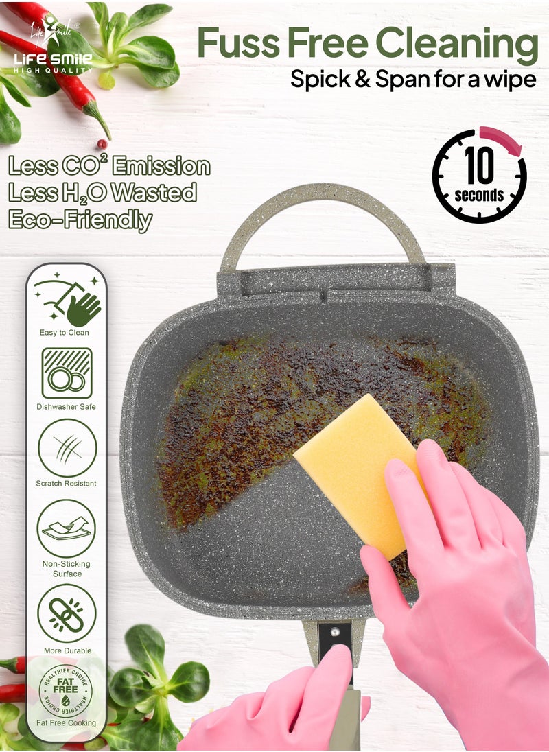 Life Smile - 30 CM Smart Deep Double Grill Pan - Multi Layer Granite Non Stick With Magnetic Handle - Flipping Deep Grill Fry Pan - Multiple Hob Compatibility (Dark Green) - Image 1