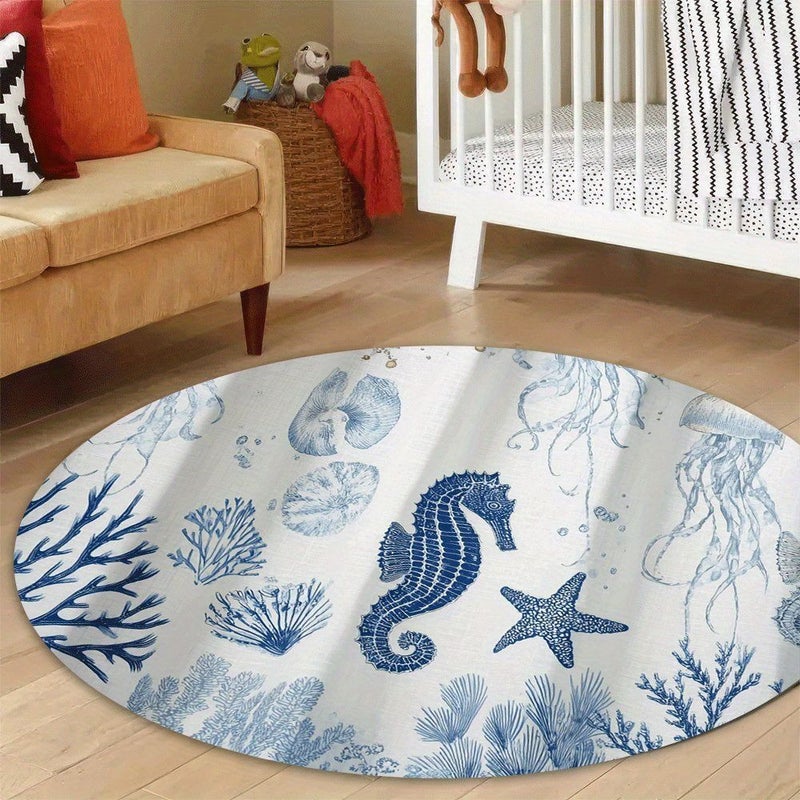 Washable Undersea Life Theme Acrylic Mat Starfish Coral Jellyfish Seahorse Seashell Plant Ocean Sea Design Soft Low Pile Bedroom Mat Modern Non Slip Living Room Floor Mat Office Throw Mat For Classroom Playroom 80x80cm 31.5x31.5inch - Image 3