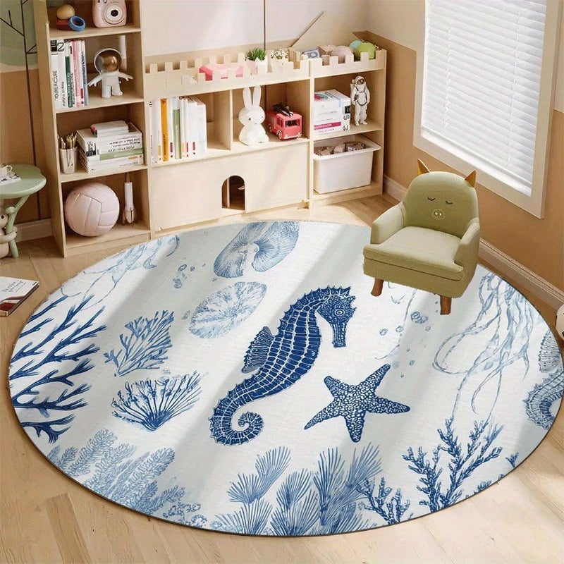 Washable Undersea Life Theme Acrylic Mat Starfish Coral Jellyfish Seahorse Seashell Plant Ocean Sea Design Soft Low Pile Bedroom Mat Modern Non Slip Living Room Floor Mat Office Throw Mat For Classroom Playroom 80x80cm 31.5x31.5inch - Image 5