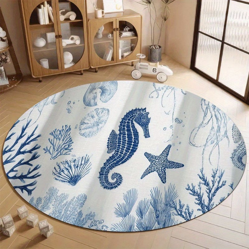 Washable Undersea Life Theme Acrylic Mat Starfish Coral Jellyfish Seahorse Seashell Plant Ocean Sea Design Soft Low Pile Bedroom Mat Modern Non Slip Living Room Floor Mat Office Throw Mat For Classroom Playroom 80x80cm 31.5x31.5inch - Image 2