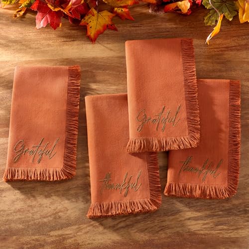 Elrene Home Fashions Fringed Harvest Sentiment Cotton Napkins Set of 4 17x17 Rust - Image 3