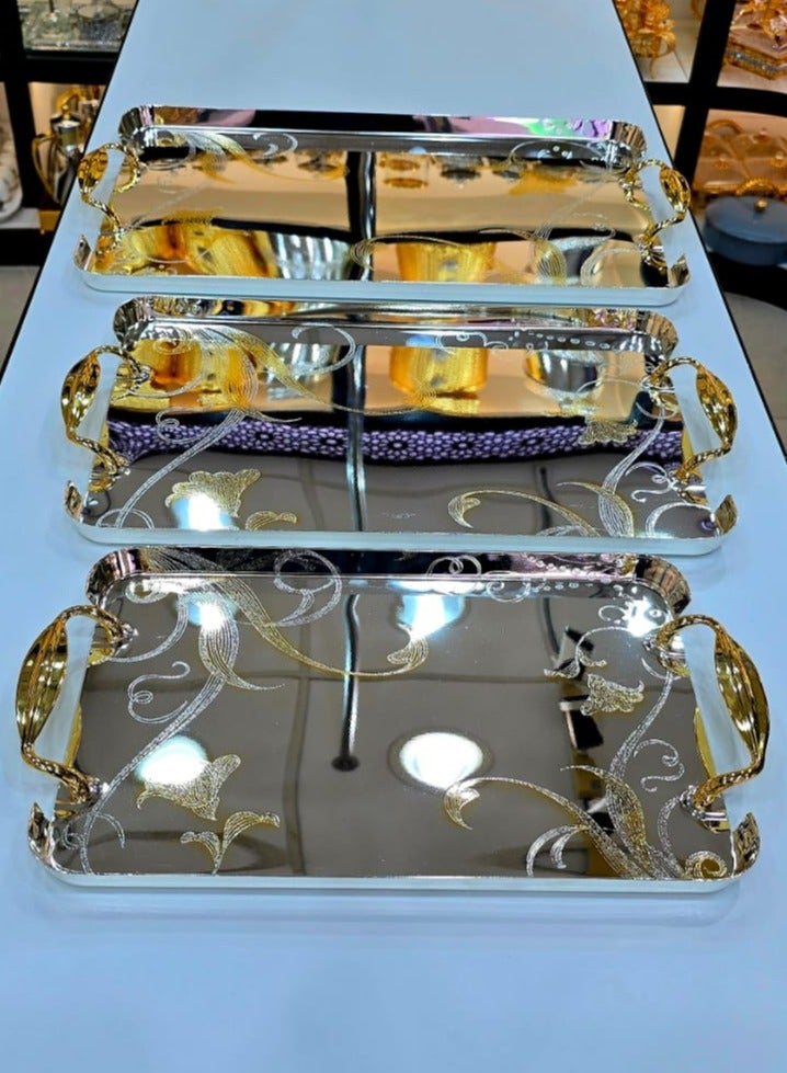 3Piece Stainless Steel Serving Tray Set With Handle