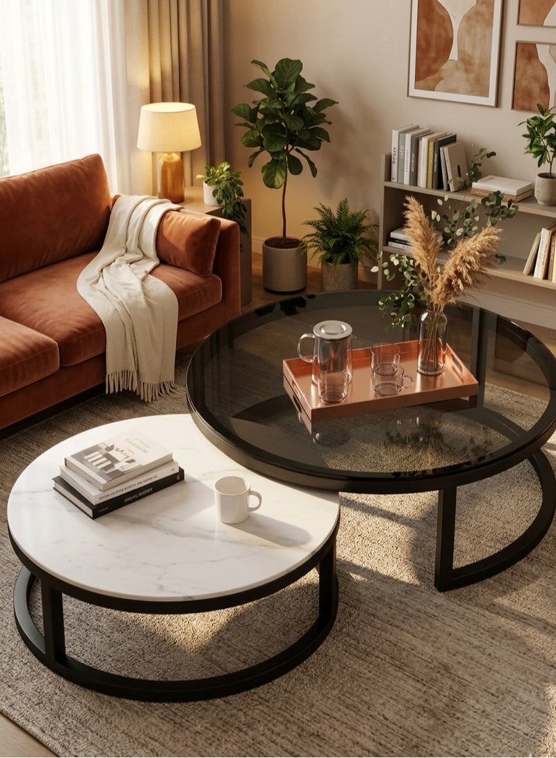 AGD Minimalist Coffee Tables End Tables With Creative Transparent Rock Desktop 2Round Nesting Table Set For Living Room ‎70 X 45 X 70 Cm - Image 1