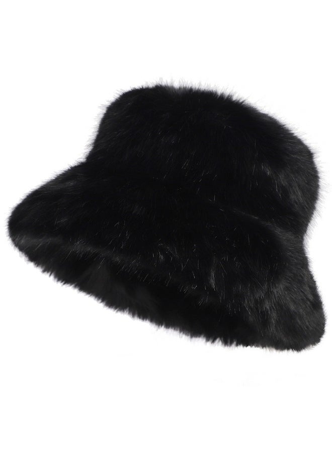 LA CARRIE - Women'S Fuzzy Wide Brim Faux Fur Bucket Hat Winter Warmer Fisherman Cap(Black) - Image 1