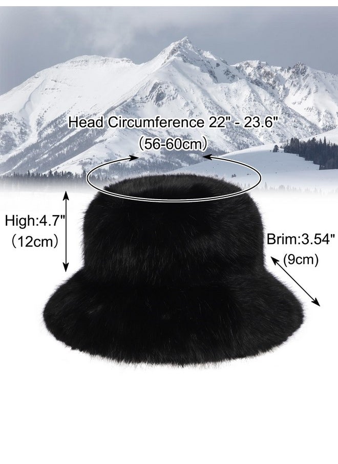 LA CARRIE - Women'S Fuzzy Wide Brim Faux Fur Bucket Hat Winter Warmer Fisherman Cap(Black) - Image 1