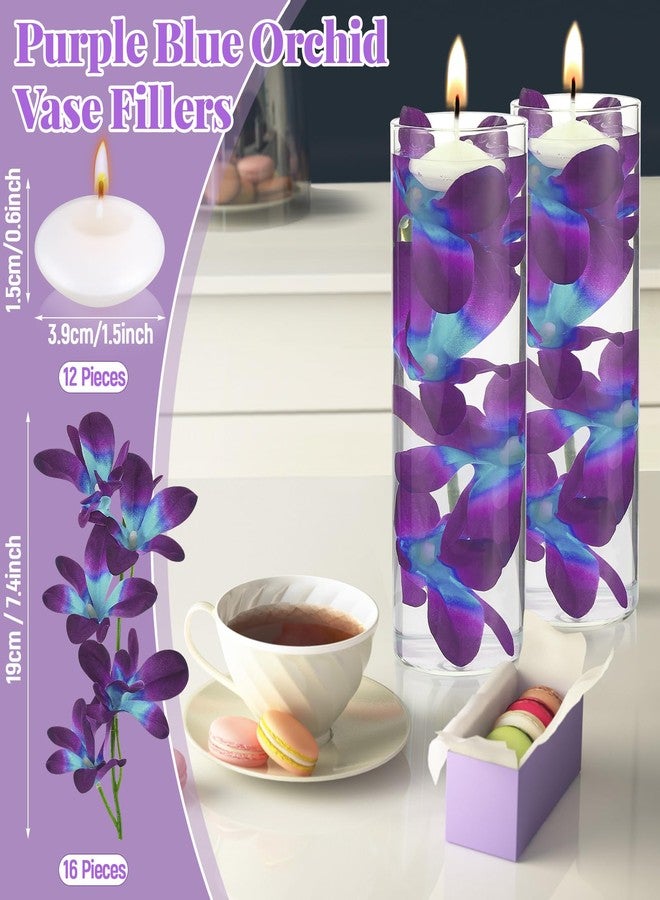 Hanaive Floating Flowers for Centerpieces Blue Faux Orchid Flowers Vase Fillers Floating Candles Purple Orchid Wedding Table Decor Filling Unscented Floating Candles for Birthday Wedding Party (28 Pieces) - Image 2