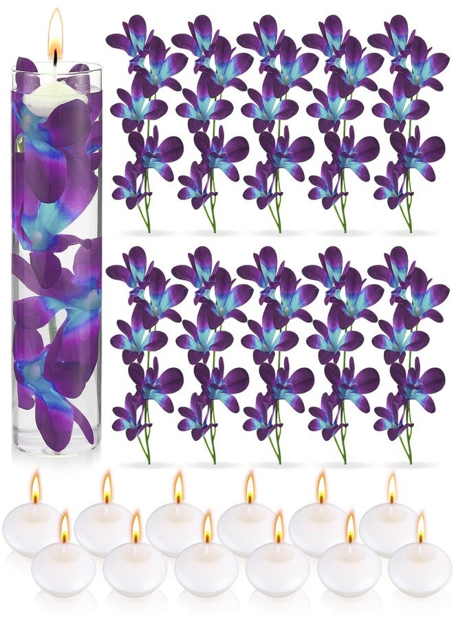 Hanaive Floating Flowers for Centerpieces Blue Faux Orchid Flowers Vase Fillers Floating Candles Purple Orchid Wedding Table Decor Filling Unscented Floating Candles for Birthday Wedding Party (28 Pieces) - Image 1