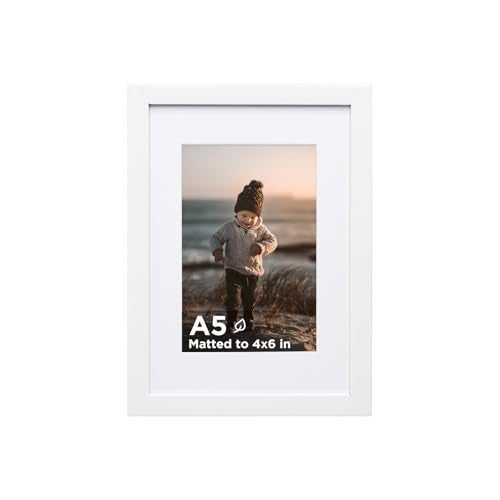 KINLINK A5 Frame White Wooden Photo Frame with Plexiglass for 4x6 Picture with Mat or A5 Without Mat Wall and Tabletop Display Diploma Certificate Degree