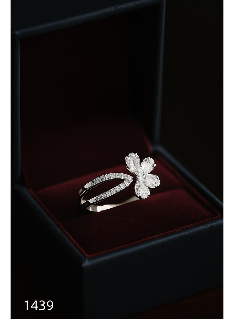 3Diamonds Silver Flower Ring – Platinum & Rhodium Plated, Teardrop Zircon Petals, Open Adjustable Design - Image 1