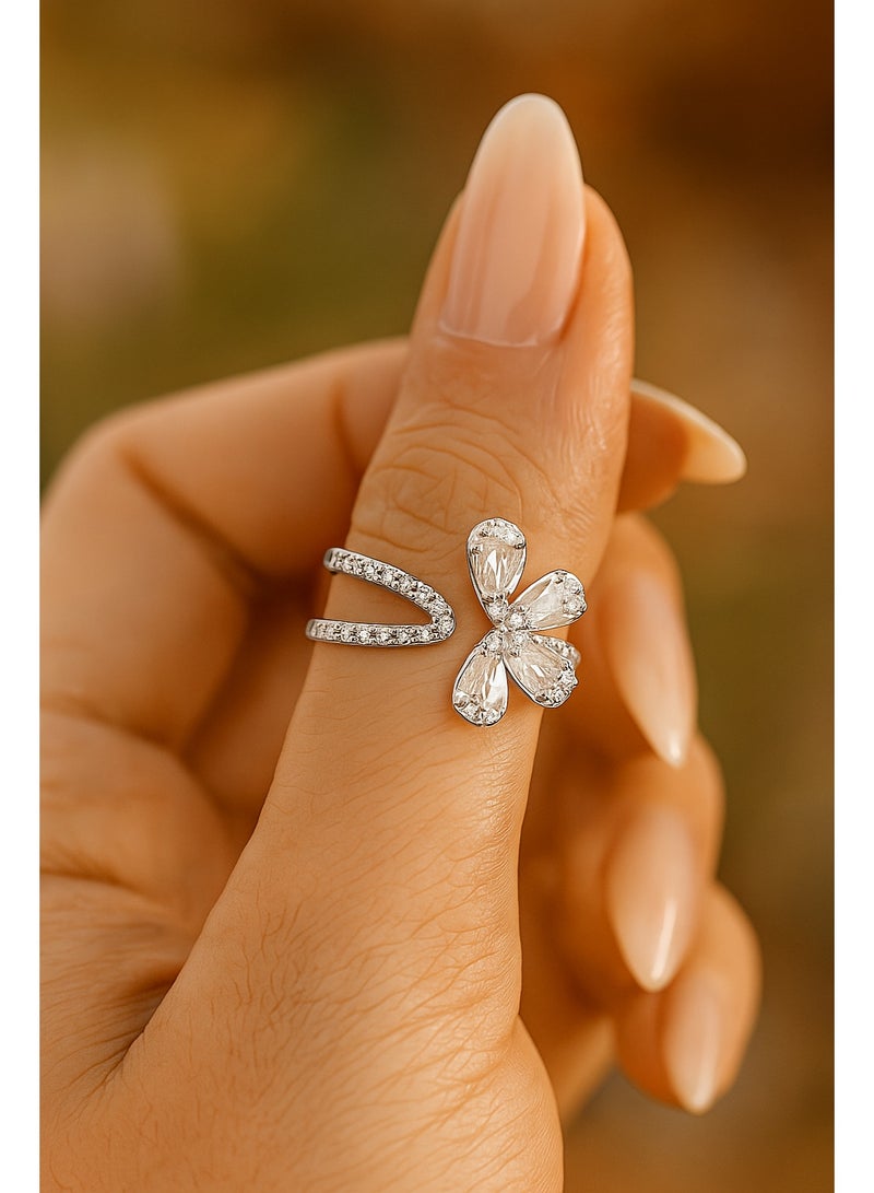 3Diamonds Silver Flower Ring – Platinum & Rhodium Plated, Teardrop Zircon Petals, Open Adjustable Design - Image 2