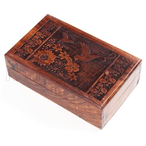 RGrandsons Handmade Wooden Keepsake Storage Box Jewelry Trinket Holder Organizer Floral Hand Carvings with Brass Inlay (Size: 6.0x4.0) - Image 4