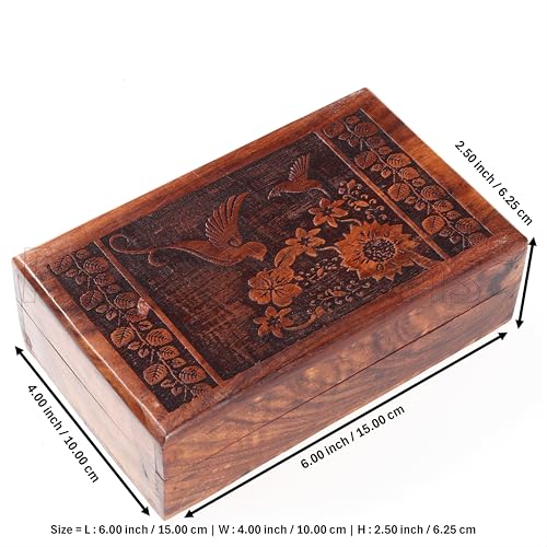 RGrandsons Handmade Wooden Keepsake Storage Box Jewelry Trinket Holder Organizer Floral Hand Carvings with Brass Inlay (Size: 6.0x4.0) - Image 2
