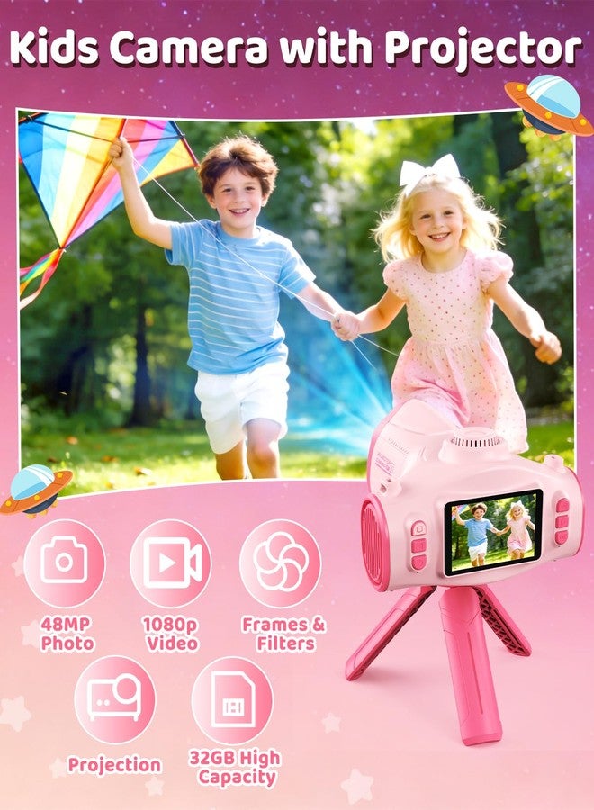 Usteetic Kids Camera with Projector, 1080P HD Digital Camera for Kids Ages 3-12, 48MP Photo Video Recorder with Stand 32GB SD Card Included, Christmas Birthday Gifts Toy for Girls Boys (Pink) - Image 2