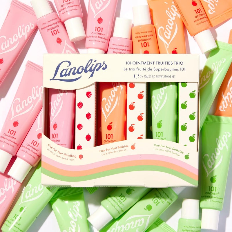 Lanolips 101 Ointment Fruities Trio - Fruity Lip Balm Gift Set & Stocking Stuffer - Strawberry, Peach & Green Apple Flavored Lip Moisturizer for Dry Lips - Dermatologist Tested (10g / 0.35oz each) - Image 5
