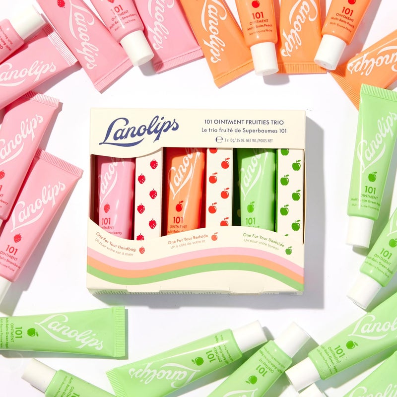 Lanolips 101 Ointment Fruities Trio - Fruity Lip Balm Gift Set & Stocking Stuffer - Strawberry, Peach & Green Apple Flavored Lip Moisturizer for Dry Lips - Dermatologist Tested (10g / 0.35oz each) - Image 3