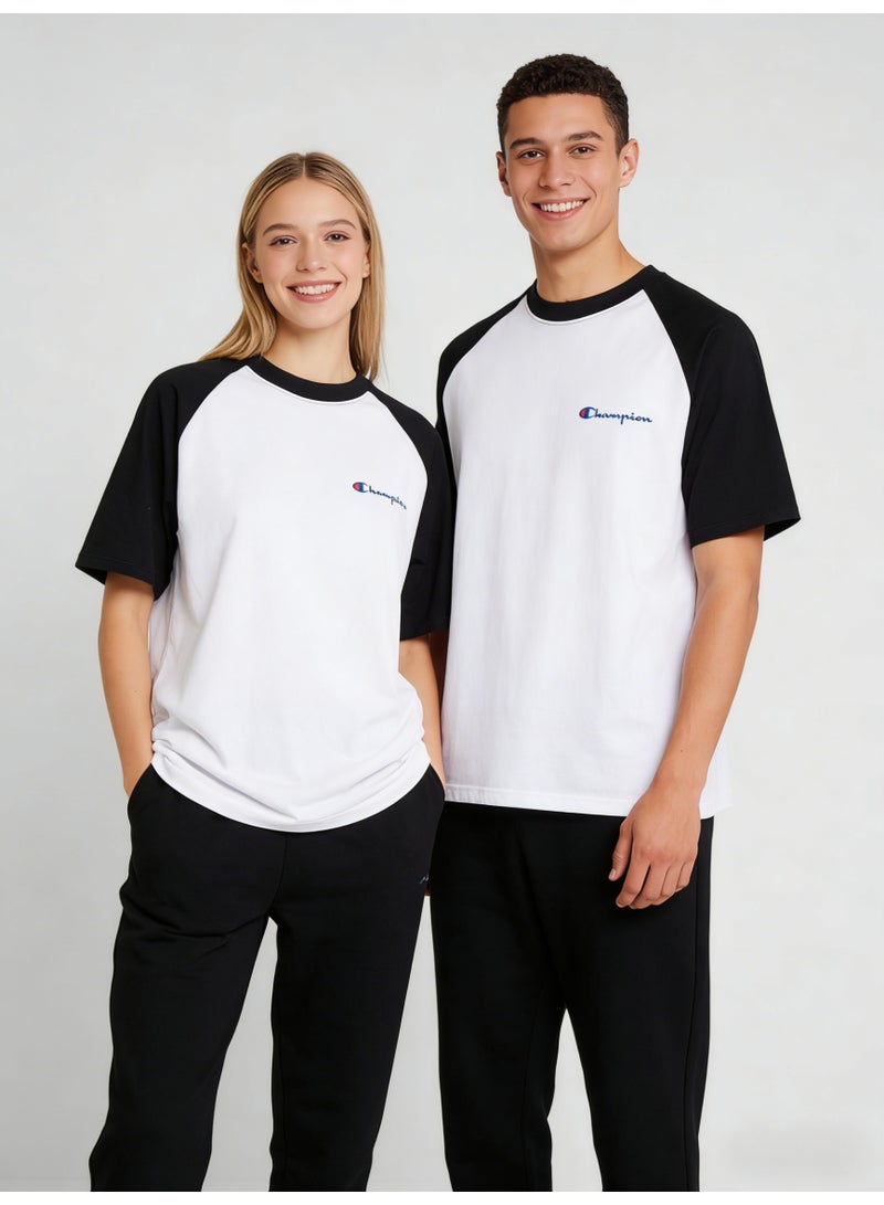 شامبيون Champion Classic Script Logo Raglan T-Shirt | Unisex White & Black Colorblock Short Sleeve Tee - Image 1