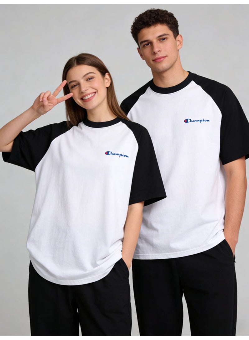 شامبيون Champion Classic Script Logo Raglan T-Shirt | Unisex White & Black Colorblock Short Sleeve Tee - Image 3