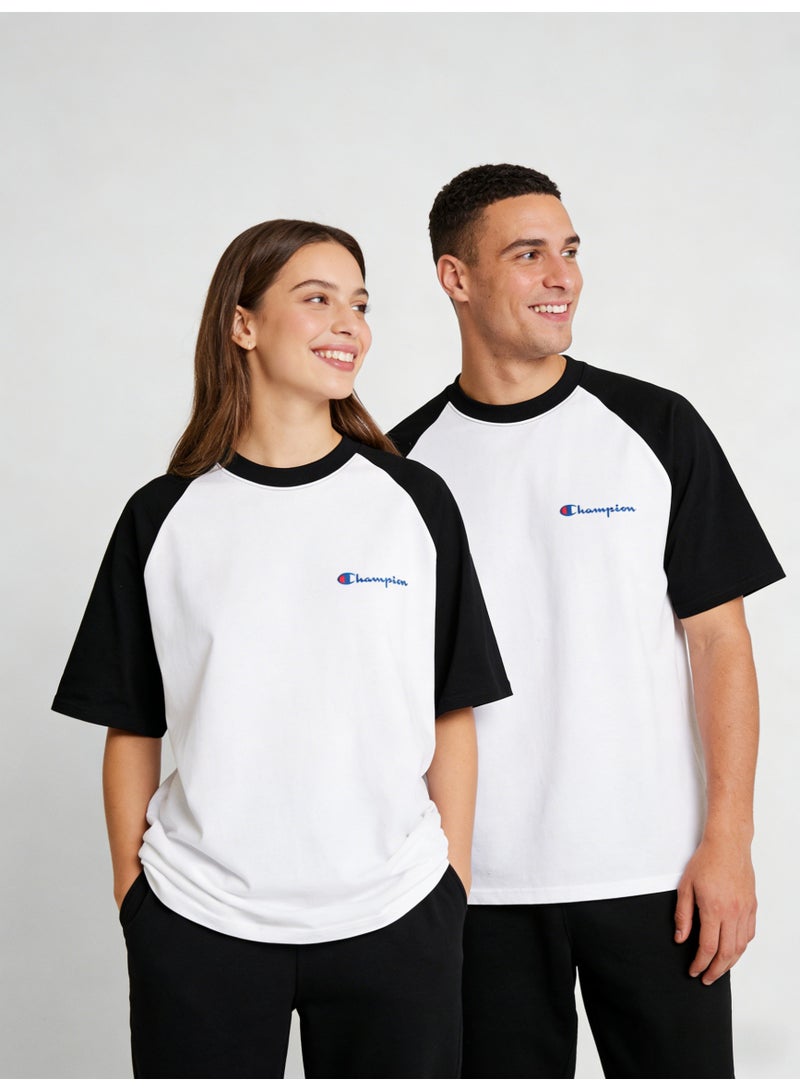 شامبيون Champion Classic Script Logo Raglan T-Shirt | Unisex White & Black Colorblock Short Sleeve Tee - Image 5