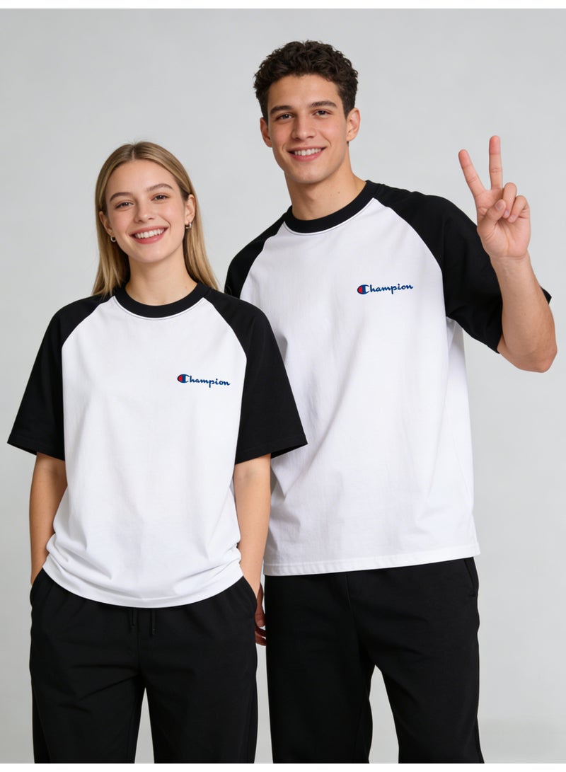 شامبيون Champion Classic Script Logo Raglan T-Shirt | Unisex White & Black Colorblock Short Sleeve Tee - Image 4
