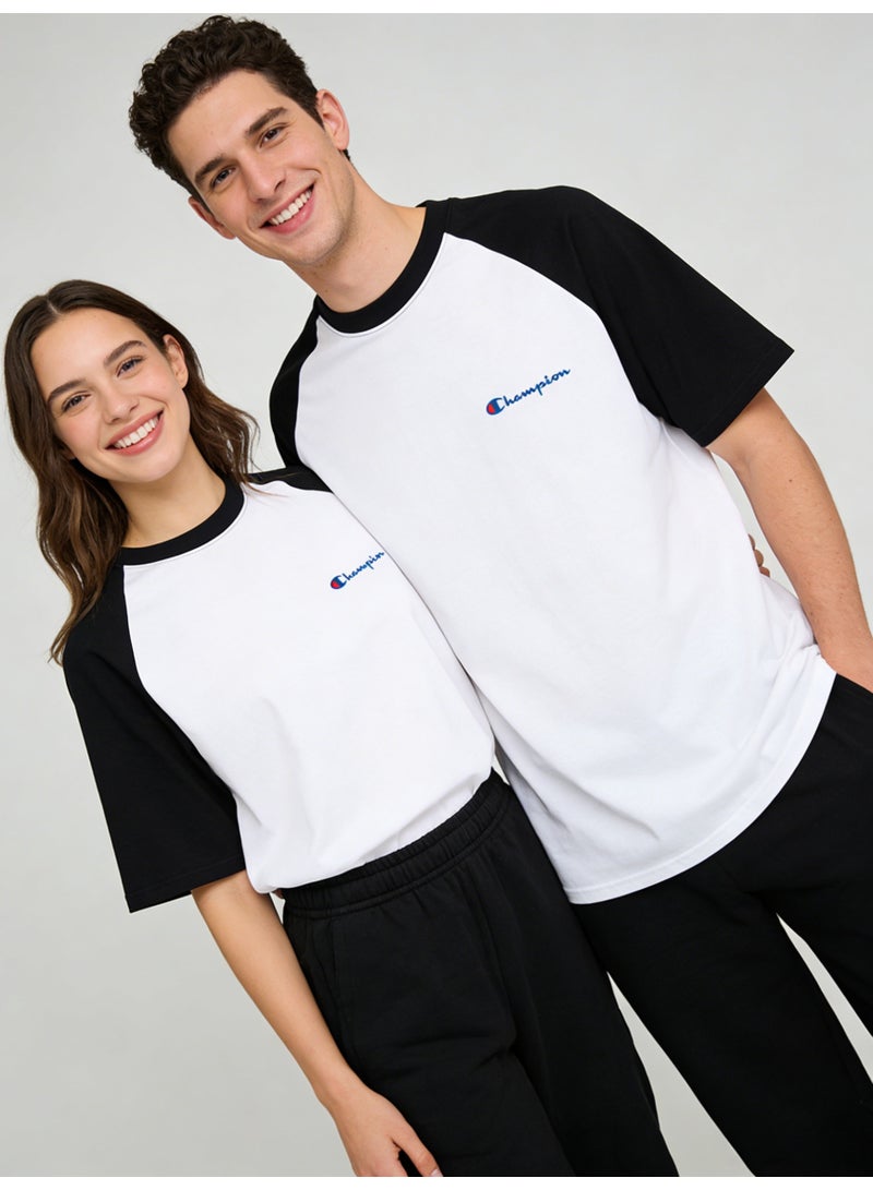 شامبيون Champion Classic Script Logo Raglan T-Shirt | Unisex White & Black Colorblock Short Sleeve Tee - Image 2
