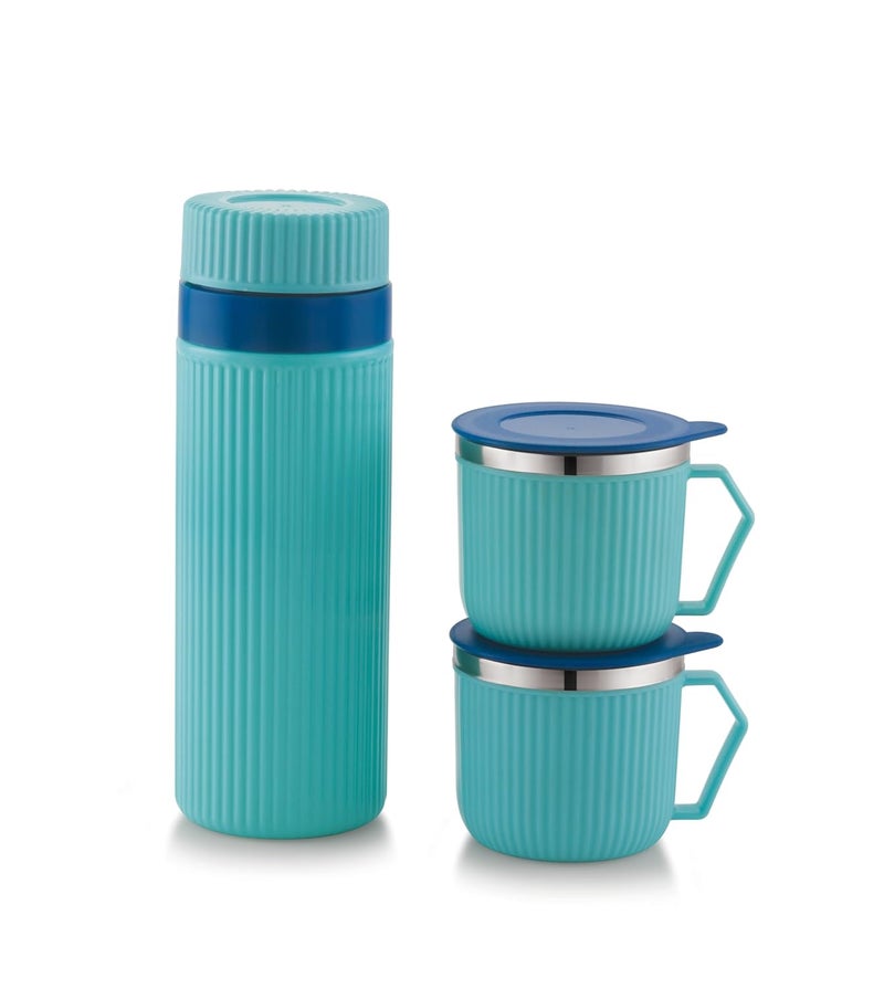 Liza Liza Wow 3PC Gift Set, Tea, Coffee Thermos Stainless Steel Vacuum-Insulated Water Bottle, 520ml Insulated Bottle with Cup for Hot & Cold Drink Travel Mug (1 Bottle & 2 Mugs) (Blue) - Image 1