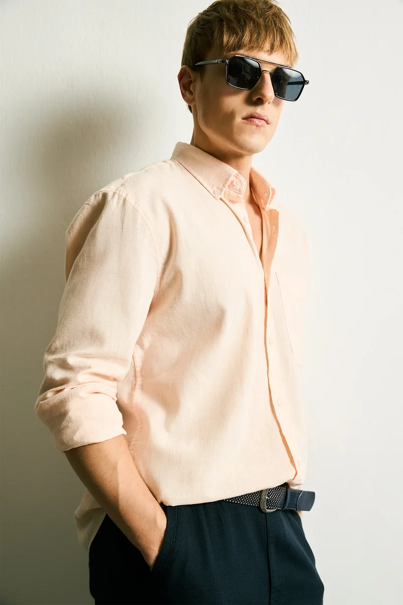 Defacto Regular Fit Light Pink Linen Blend Long Sleeve Shirt