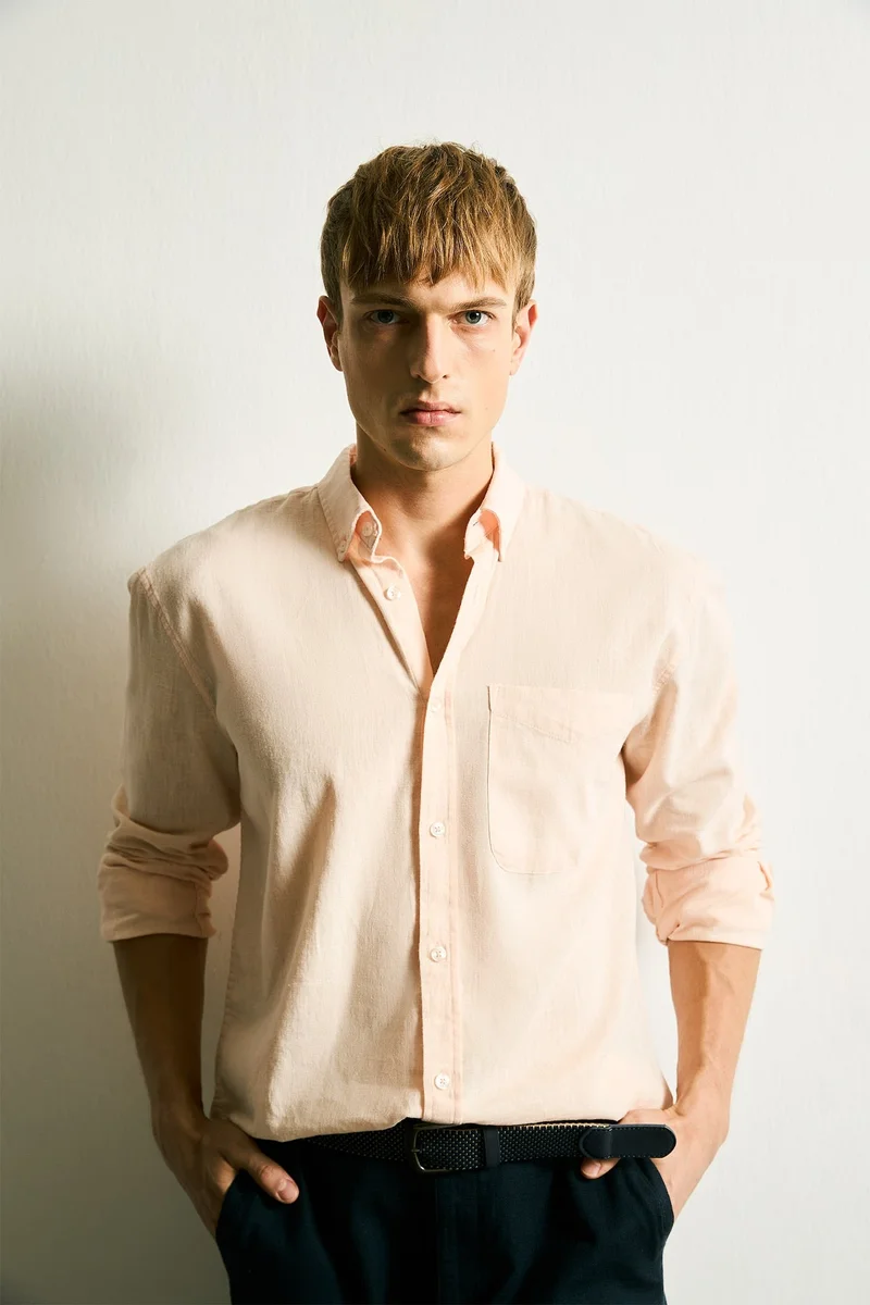 Defacto Regular Fit Light Pink Linen Blend Long Sleeve Shirt