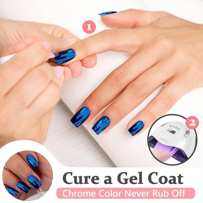 KQueenest Royal Blue Chrome Press on Nails Short Medium Square Metallic Fake Nails Glitter Glue on Nails Short Medium Mirror False Acrylic Nails Press Ons Natural Stick on Nails for Women 24 Pcs - Image 4