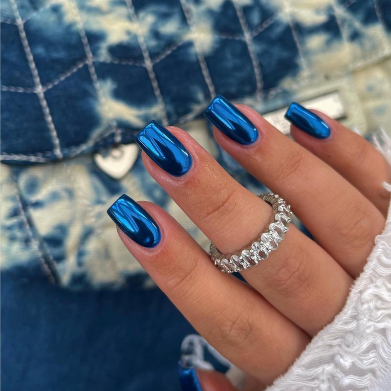 KQueenest Royal Blue Chrome Press on Nails Short Medium Square Metallic Fake Nails Glitter Glue on Nails Short Medium Mirror False Acrylic Nails Press Ons Natural Stick on Nails for Women 24 Pcs - Image 1