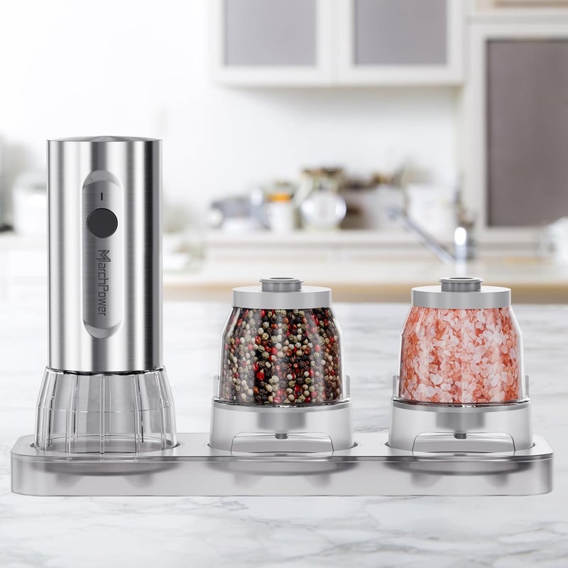 Marchpower Electric Salt and Pepper Grinder Set, 2-in-1 USB Rechargeable Pepper Mills With Base Adjustable Coarseness One Handed Operation Auto Grinders with Removable Transparent Container, LED Light - Image 1