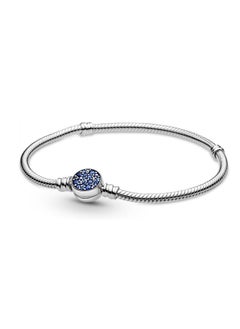 PANDORA Pandora Moments Blue Sparkling Disc Clasp and Snake Chain Bracelet in 925 Sterling Silve, size 19  - Image 1