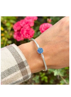 PANDORA Pandora Moments Blue Sparkling Disc Clasp and Snake Chain Bracelet in 925 Sterling Silve, size 19  - Image 3