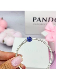 PANDORA Pandora Moments Blue Sparkling Disc Clasp and Snake Chain Bracelet in 925 Sterling Silve, size 19  - Image 4