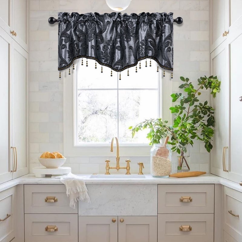 NAPEARL Scalloped Valance Curtains Decoration Jacquard Swag Kitchen Window Curtains Over Sink, Rod Pocket Valance Tier for Kitchen, Small Windows (Black, 52W x 18L) - Image 1